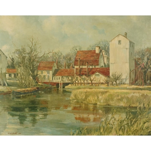 1485 - C H Gilbert 1958 - River landscape, Sawbridgeworth, oil on canvas, inscribed verso, mounted and fram... 