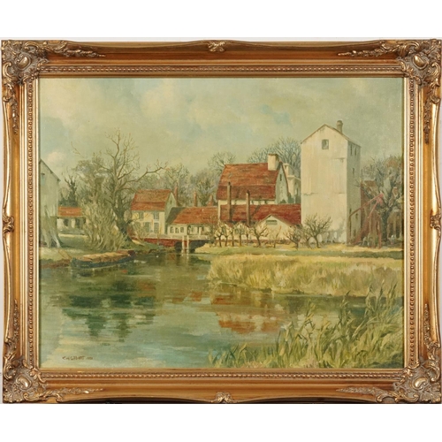 1485 - C H Gilbert 1958 - River landscape, Sawbridgeworth, oil on canvas, inscribed verso, mounted and fram... 