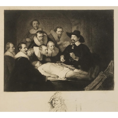 597 - After Rembrandt van Rijn - The Anatomy Lesson, print in colour with ink self portrait sketch of the ... 