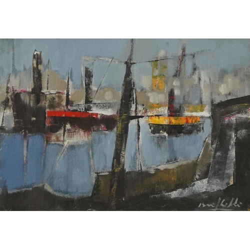 1435 - Harbour scene with moored boats, Impressionist mixed media, indistinctly signed, mounted, framed and... 