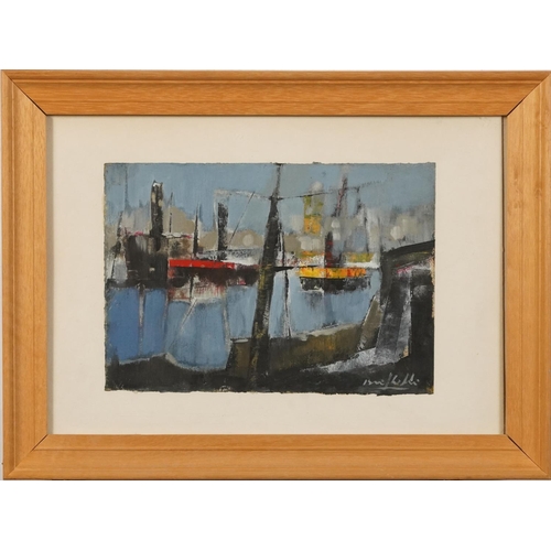 1435 - Harbour scene with moored boats, Impressionist mixed media, indistinctly signed, mounted, framed and... 