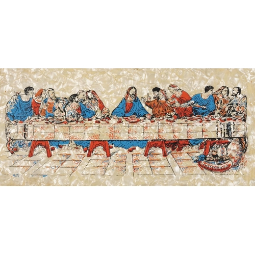 1728 - Mother of pearl plaque depicting The Last Supper housed in a Vizagapatam frame, overall 45.5cm x 25.... 