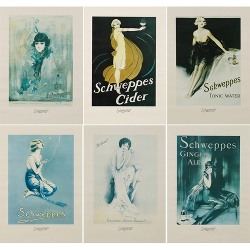 799 - Schweppes, Cider, Tonic Water, Ginger Ale and Lemon Squash, set of six posters, framed and glazed, e... 