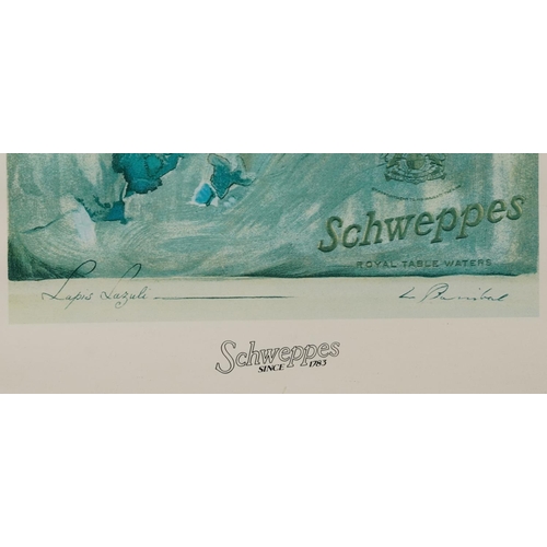 799 - Schweppes, Cider, Tonic Water, Ginger Ale and Lemon Squash, set of six posters, framed and glazed, e... 