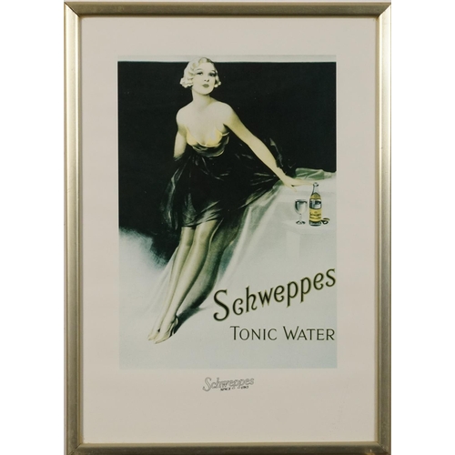 799 - Schweppes, Cider, Tonic Water, Ginger Ale and Lemon Squash, set of six posters, framed and glazed, e... 