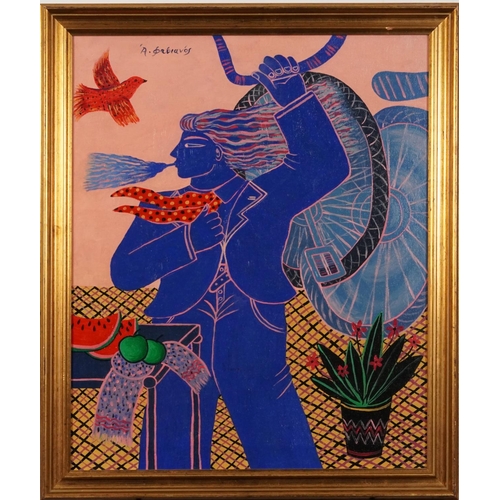 94 - Manner of Alekos Fassianos - Surreal figure and bird, Greek school oil on canvas, mounted and framed... 