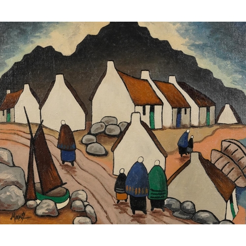 61 - Manner of Markey Robinson - Coastal landscape with figures and cottages, Irish school oil on canvas,... 