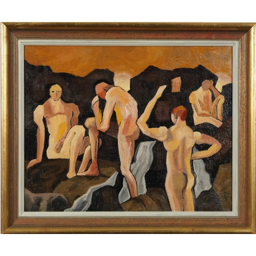 273 - After Keith Vaughan - Figures bathing, Irish school oil on canvas, mounted and framed, 49cm x 39cm e... 