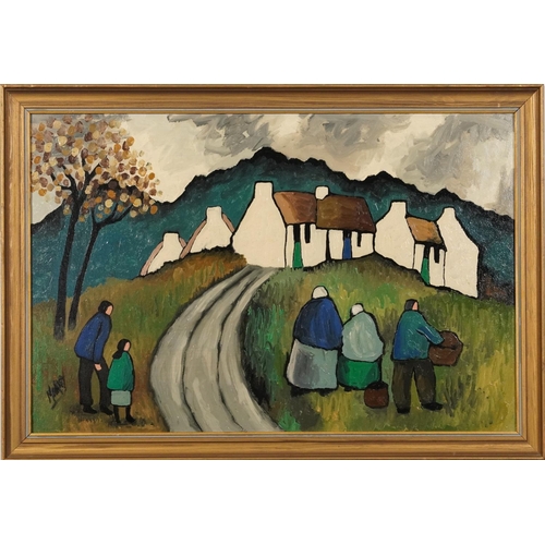 40 - Manner of Markey Robinson - Village scene with cottages and figures, Irish school oil on board, moun... 