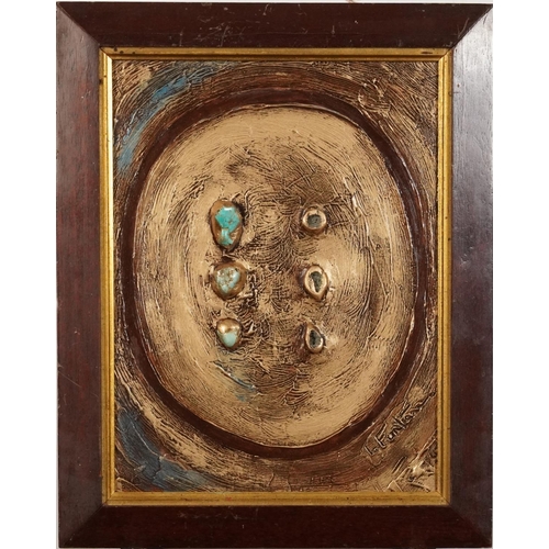 38 - Manner of Lucio Fontana - Abstract composition, acrylic and stones on board, inscribed verso, mounte... 