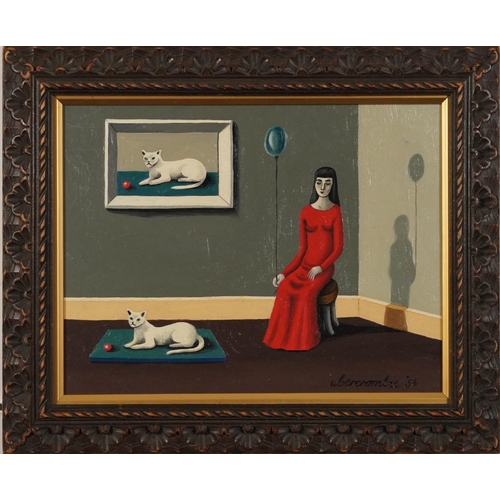 323 - Manner of Gertrude Abercrombie - Seated lady with balloon, surreal oil on Masonite, mounted and fram... 