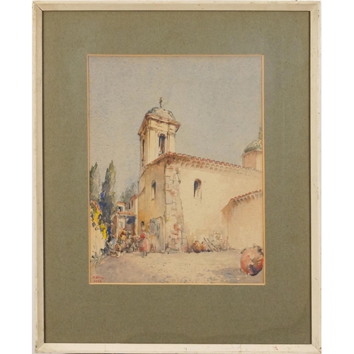 223 - Kenneth Anns 1953 - Figures before a tower, mid 20th century watercolour, biography and various deta... 