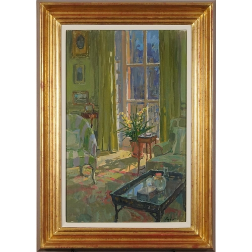 93 - Susan Ryder - Sunlit interior scene, Modern British oil on canvas, mounted and framed, 54.5cm x 34cm... 