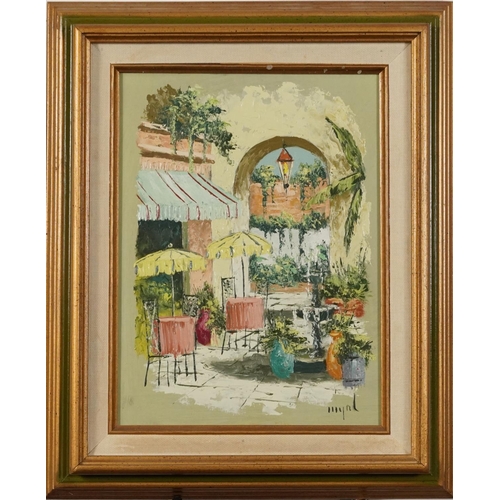 1437 - Myrl D'Arcy - Parisian cafe scene with archway, Carriageway Gallery New Orleans label verso, mounted... 