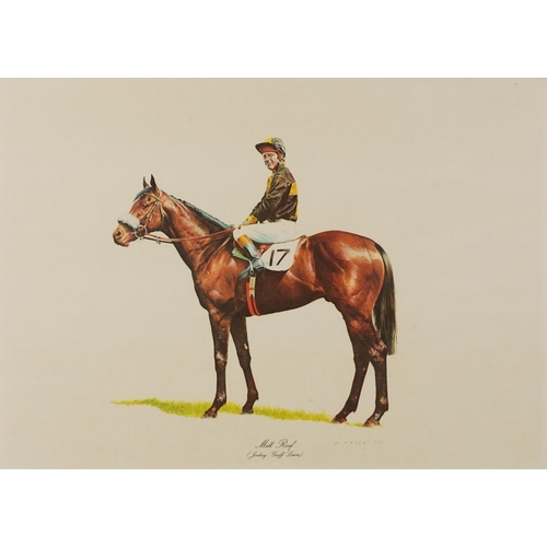 1712 - After Gary Keane - Mill Reef, Jockey Geoff Lewis, horseracing interest print, framed and glazed, 62.... 