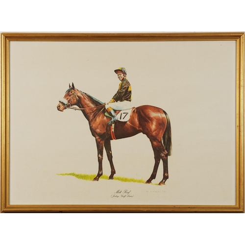 1712 - After Gary Keane - Mill Reef, Jockey Geoff Lewis, horseracing interest print, framed and glazed, 62.... 