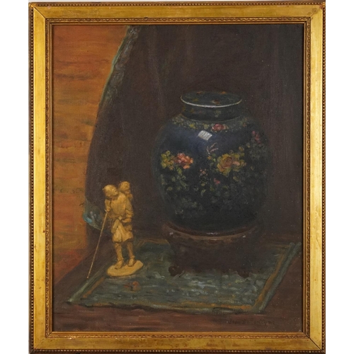 176 - Jean Ballantyne - Still life Chinese ginger jar and ivory figure group, signed oil on canvas, mounte... 