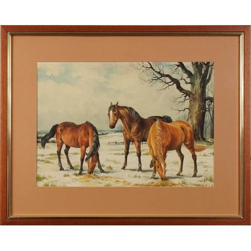 376 - Three horses grazing in a snowy landscape, 20th century English school watercolour, mounted, framed ... 