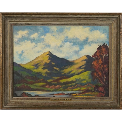 256 - Herbert Christie - Autumn Inverness-Shire, Scottish signed oil, various inscriptions verso, mounted ... 