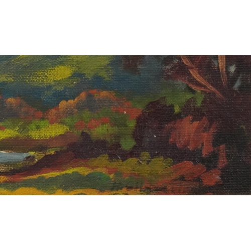 256 - Herbert Christie - Autumn Inverness-Shire, Scottish signed oil, various inscriptions verso, mounted ... 