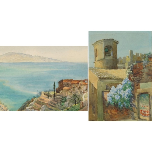 600 - Italian bell tower and coastal landscape with villa, two continental watercolours, one signed M Smyt... 