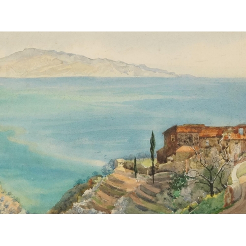 600 - Italian bell tower and coastal landscape with villa, two continental watercolours, one signed M Smyt... 