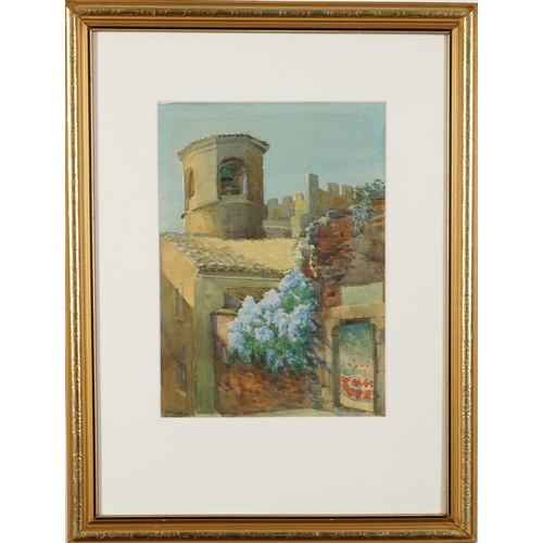 600 - Italian bell tower and coastal landscape with villa, two continental watercolours, one signed M Smyt... 