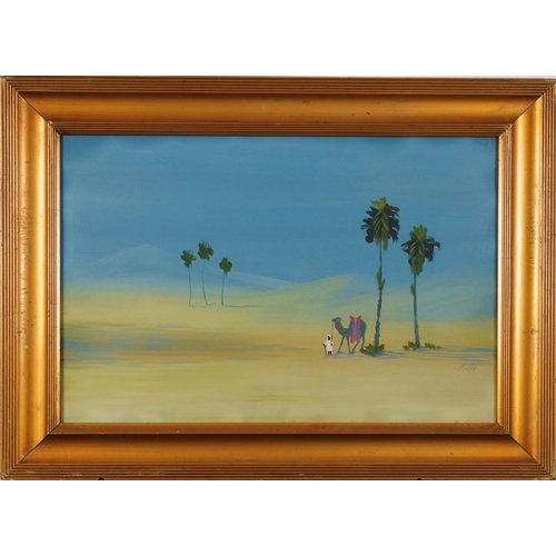 596 - M Bey - Desert landscapes with Arabs and camel, pair of signed gouaches, each mounted, framed and gl... 