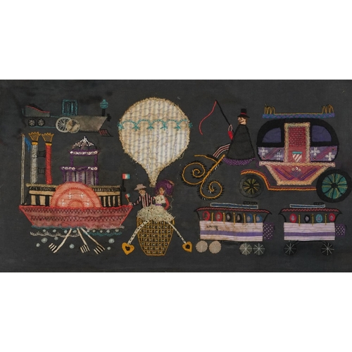 1731 - Antique Victorian embellished panel embroidered with two figures in a hot air balloon, carriages and... 