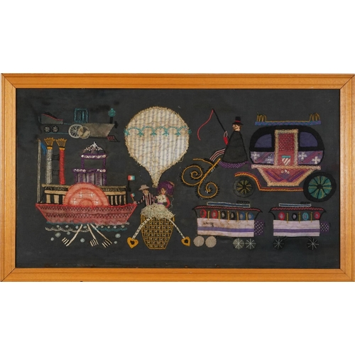 1731 - Antique Victorian embellished panel embroidered with two figures in a hot air balloon, carriages and... 