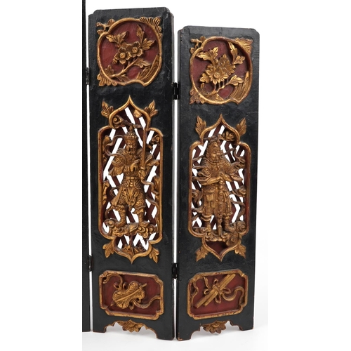 150 - Chinese partially gilt lacquered wood five fold screen carved with warriors and flowers, 55.5cm high... 