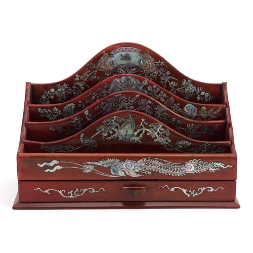 334 - Chinese hardwood letter rack with base drawer having mother of pearl inlay decorated with flowers