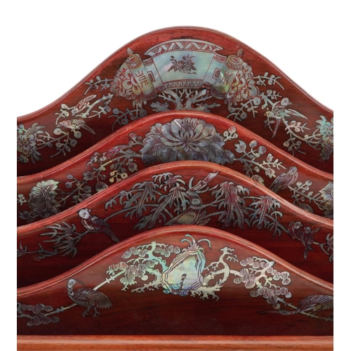 334 - Chinese hardwood letter rack with base drawer having mother of pearl inlay decorated with flowers