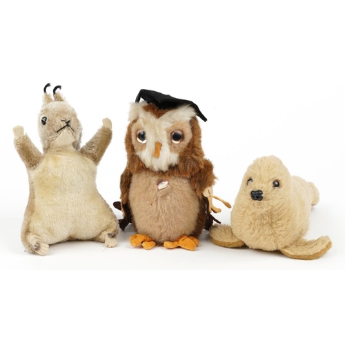 1609 - Three vintage soft toys comprising a Steiff squirrel, Merrythought owl and Riviera Crafts seal pup, ... 