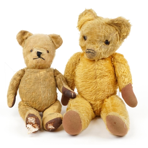 1610 - Two vintage golden teddy bears with jointed limbs, the largest 55cm high