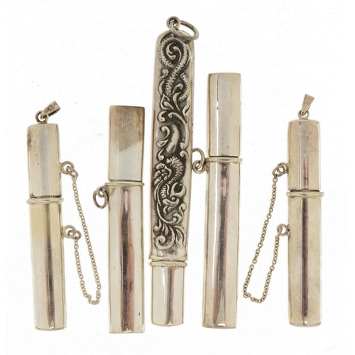 169 - Five silver pencil lead cases including one embossed with a phoenix, the largest 8cm in length, tota... 