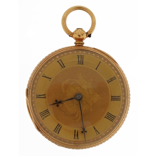 2140 - 18ct gold ladies open face pocket watch with ornate gilt dial, 38mm in diameter, 48.8g