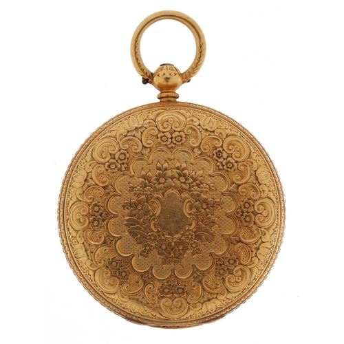 2140 - 18ct gold ladies open face pocket watch with ornate gilt dial, 38mm in diameter, 48.8g