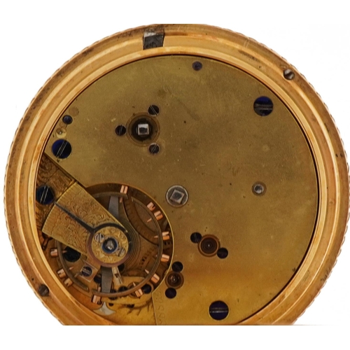 2140 - 18ct gold ladies open face pocket watch with ornate gilt dial, 38mm in diameter, 48.8g