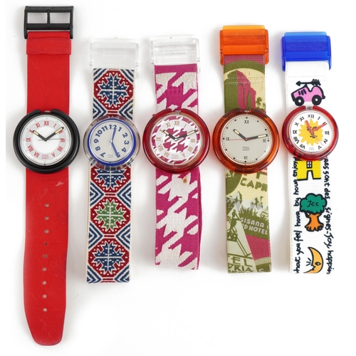 Five vintage Pop Swatch watches with cases