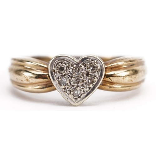2104 - 9ct gold diamond love heart ring, size R, 3.9g