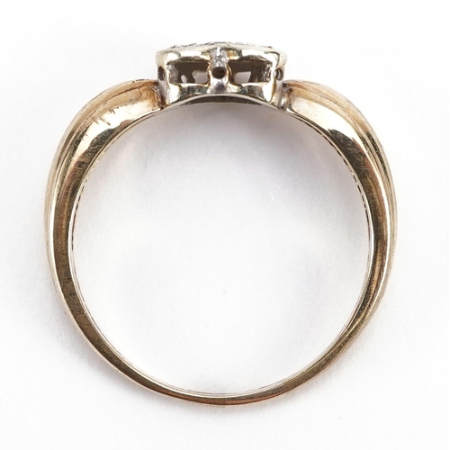 2104 - 9ct gold diamond love heart ring, size R, 3.9g