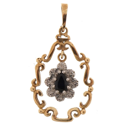 2224 - 9ct gold sapphire and diamond drop pendant, 3.0cm high, 2.0g