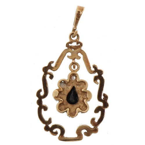 2224 - 9ct gold sapphire and diamond drop pendant, 3.0cm high, 2.0g