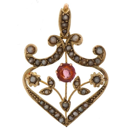 2088 - Edwardian 9ct gold pink stone and seed pearl openwork drop pendant, 3.5cm high, 2.1g