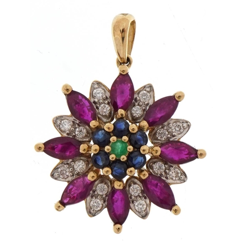 2111 - 9ct gold ruby, diamond, sapphire and emerald flower head pendant, 2.4cm high, 1.9g