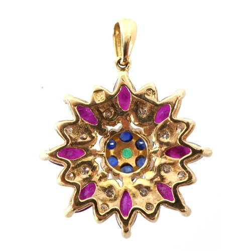 2111 - 9ct gold ruby, diamond, sapphire and emerald flower head pendant, 2.4cm high, 1.9g