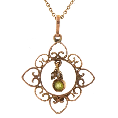 2146 - Edwardian 9ct gold peridot and seed pearl open work drop pendant on a 9ct gold Belcher link necklace... 