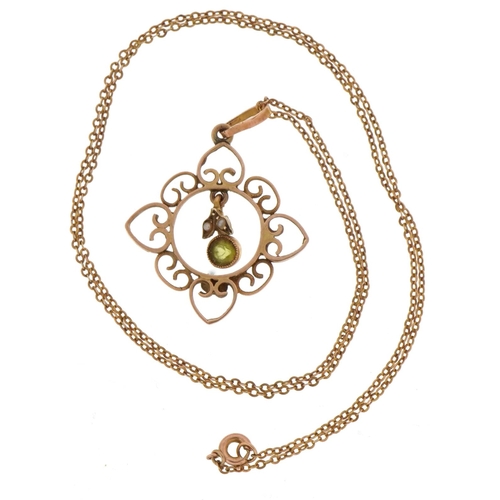 2146 - Edwardian 9ct gold peridot and seed pearl open work drop pendant on a 9ct gold Belcher link necklace... 
