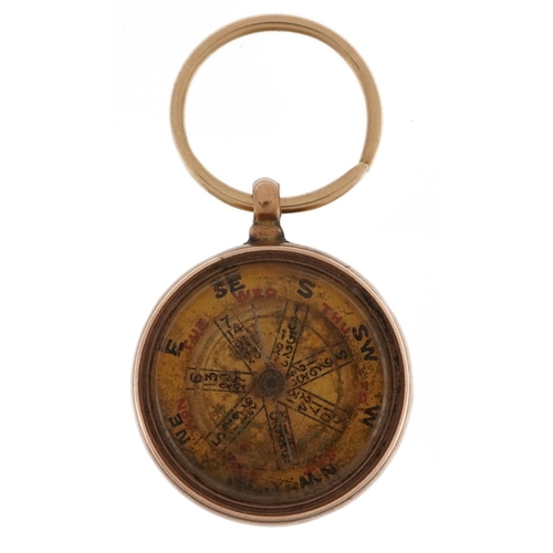 2090 - Antique unmarked gold hardstone compass fob, 2.9cm high, 12.4g